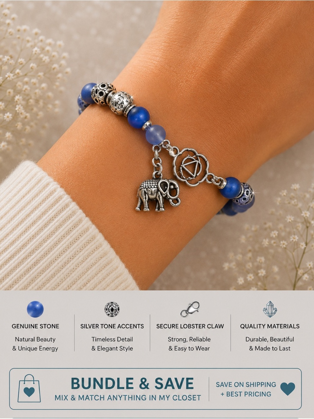 Blue Quartz Genuine Stone, silver accent, clasp bracelet